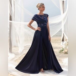 Elegant Navy Blue Romper with half skirt overlay